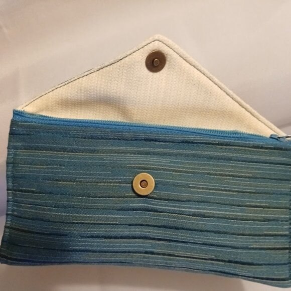 New Clutch Wristlet Wallet Teal Blue Gold Coin Purse Zippy Envelope Pouch - Picture 6 of 7